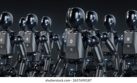Visualization of Army of Advanced Humanoid Robots Marching Together Synchronously Across Dark Futuristic Space. Artificial Intelligence, Robotics and Cybernetics Concept. Visual Effects Animation.