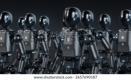 Visualization of Army of Advanced Humanoid Robots Marching Together Synchronously Across Dark Futuristic Space. Artificial Intelligence, Robotics and Cybernetics Concept. Visual Effects Animation.