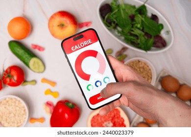 Visualization of a calorie tracking application amidst the backdrop of healthy eating. Care for your physique and proper diet. Calorie counting