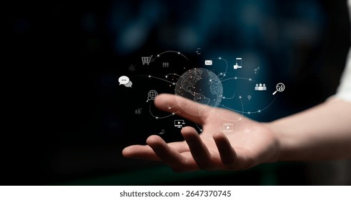 Visualization of global digital communication and online across multiple platforms, including global network, digital network, communication network, and online network. Latch - Powered by Shutterstock - Get 15% off with code: PIKWIZARD15