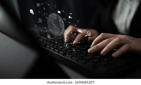Visualization of global digital communication and online across multiple platforms, including global network, digital network, communication network, and online network. Latch
