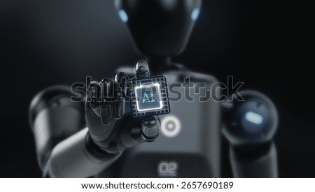 Visualization of High-Tech Humanoid Robot Holding Computer Microchip for Data Information Processing. Motherboard CPU Processor with AI Symbol. Futuristic Artificial Intelligence Technology Concept.