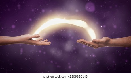 Visualization Of Two Hands Exchanging Bright Yellow Stream Of Magical Energy On Dreamy Dark Purple Background. Two People Spiritually Connecting, Charging Each Other With Esoteric Power Concept.