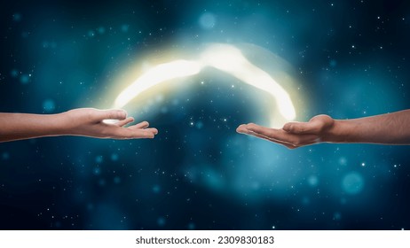 Visualization Of Two Hands Exchanging Bright Yellow Stream Of Magical Energy On Dreamy Dark Blue Background. Two People With Spiritual Connection Charging Each Other With Esoteric Power Concept