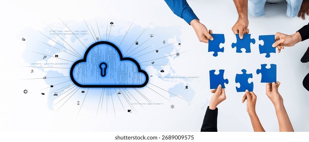 Visualize teamwork in action as diverse hands come together to fit puzzle pieces, symbolizing collaboration and cloud technology in a digital environment. Trope