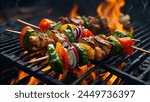 Visualize an ultra-detailed scene where Chicken and Vegetable Kebabs are presented on a charred grill, with flames licking the edges of the skewers, creating a mesmerizing play of light and shadow in.