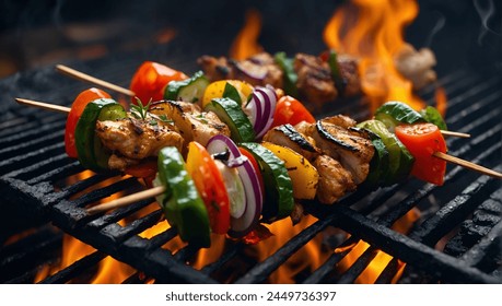 Visualize an ultra-detailed scene where Chicken and Vegetable Kebabs are presented on a charred grill, with flames licking the edges of the skewers, creating a mesmerizing play of light and shadow in. - Powered by Shutterstock