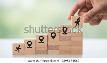 Visualize your startup's triumphant ascent! This symbolic progression of blocks with location pins and a final rocket signifies a successful launch and ambitious growth journey.