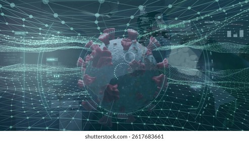Visualizing 3D coronavirus particle floating in virtual dashboard, with node mesh and world map. Technology, data visualization, biomedical, cybersecurity, analytics, futuristic, digital - Powered by Shutterstock - Get 15% off with code: PIKWIZARD15
