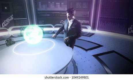 Visualizing. Calm serious concentrated programmer carefully studying the question of global security and using a hologram of the Earth while working