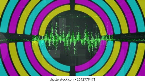 Visualizing cyan magenta yellow arcs on display, grid overlays, green waveform, data readouts. Abstract, digital, visualization, interface, futuristic, technology, data