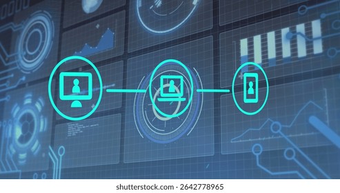 Visualizing network connecting monitor, laptop targeting, smartphone on blue grid, data panels. Technology, connectivity, analytics, interface, cybersecurity, digital, data - Powered by Shutterstock - Get 15% off with code: PIKWIZARD15