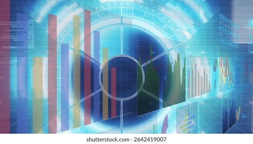 Visualizing radial chart projecting into virtual space, with bar and line charts and numeric panels. Technology, analytics, futurism, digital, data, innovation, immersive