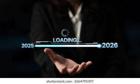 Visualizing the shift from 2025 to 2026. Progress bar symbolizing advancement, strategic foresight, yearly goal-setting, and business transformation for the upcoming year. Spline