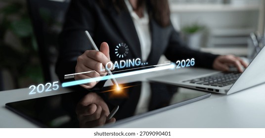 Visualizing the shift from 2025 to 2026. Progress bar symbolizing advancement, strategic foresight, yearly goal-setting, and business transformation for the upcoming year. Spline