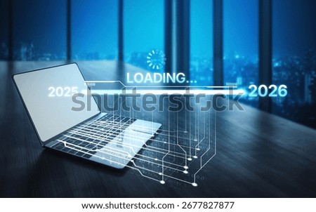 Visualizing the shift from 2025 to 2026. Progress bar symbolizing advancement, strategic foresight, yearly goal-setting, and business transformation for the upcoming year. Spline