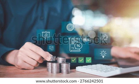 Visualizing tax planning and financial strategy through digital systems, this image is ideal for illustrating savings, budgeting, taxation compliance, business growth, and smart money management.
