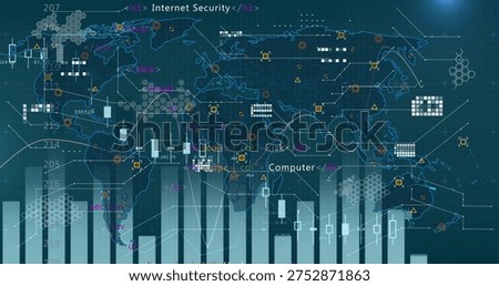 Visualizing world map tracing global links on dark teal grid, showing candlesticks, bars, nodes. Dashboard, analytics, visualization, network, telemetry, hexagonal, glyphs
