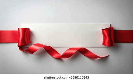 A visually appealing image featuring a blank white card adorned with a vibrant red ribbon. The ribbon gracefully wraps around the card, creating an elegant and eye-catching design.