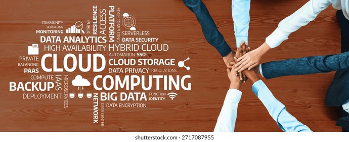 A visually engaging concept showcasing teamwork in cloud computing. Diverse hands over cloud technology terms represent collaboration in technology and business innovation. Amity - Powered by Shutterstock - Get 15% off with code: PIKWIZARD15