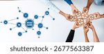 A visually engaging image depicting teamwork and collaboration, showcasing hands connecting gears alongside digital icons representing technology, innovation, and communication. Amity