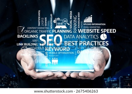 A visually engaging image showcasing hands holding a digital interface filled with SEO terms, data analytics, and marketing strategies essential for online growth. Tessel
