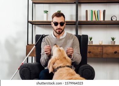 Visually Impaired Man Playing With Golden Retriever At Home