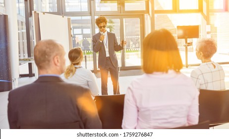 Visually Impaired Speaker At Inclusion Lecture In The Office In Front Of A Business Team