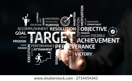 A visually inspiring composition showcasing words associated with achievement and motivation, emphasizing the concepts of goal-setting and perseverance in personal or business contexts. Tessel