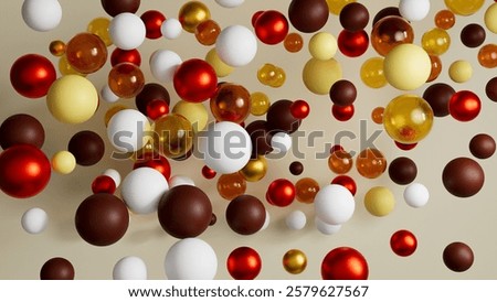 A visually striking composition of floating spheres in various sizes and materials, including glossy red, translucent amber, matte brown, soft white, and pastel yellow. 