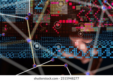 A visually striking representation of data analytics, featuring vibrant digital patterns, numbers, and network connections, symbolizing technology and information flow.