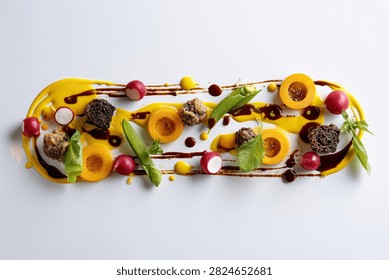 A visually stunning appetizer featuring a vibrant arrangement of sliced apricots, radishes, berries, and greens on a bed of rich sauce.