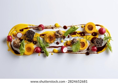 A visually stunning appetizer featuring a vibrant arrangement of sliced apricots, radishes, berries, and greens on a bed of rich sauce.