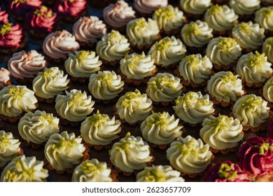 A visually stunning array of cupcakes with vibrant frosting and colorful toppings, arranged in neat rows. creates a delightful and festive display, perfect for celebrations or gatherings