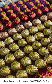 A visually stunning array of cupcakes with vibrant frosting and colorful toppings, arranged in neat rows. creates a delightful and festive display, perfect for celebrations or gatherings