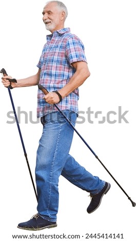 Vital senior man doing Nordic walking in summer