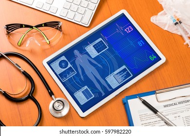 Vital Signs In Tablet Screen, Medical Technology Concept, Various Medical Equipments