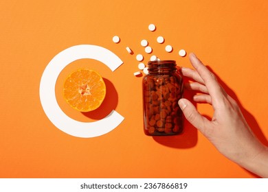 Vitamin C in a bottle in the form of tablets.
