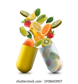 vitamin c pill open with citrus fruits jumping out