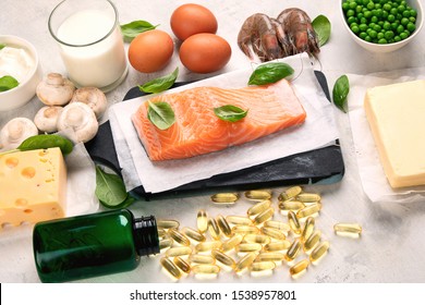 Vitamin D Foods And Capsulas. For Eye, Bone And Immune Systems Health, Blood Pressure Regulation. Against Cancer; Prevent Memory And Brain Decline; 