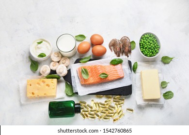 Vitamin D Foods And Capsulas. For Eye, Bone And Immune Systems Health, Blood Pressure Regulation. Against Cancer; Prevent Memory And Brain Decline; 