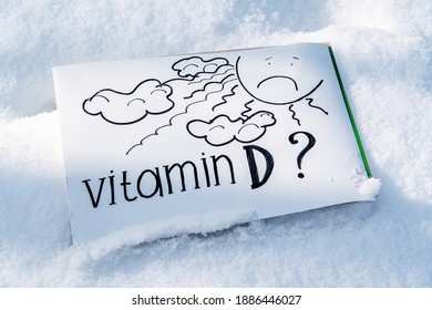 Vitamin D Help In Treating Coronavirus. Vitamin D, Coronavirus And Question Mark On Snow Background.