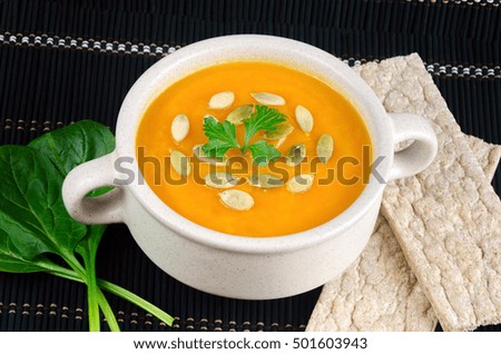 Similar – Image, Stock Photo Pumpkin soup in white bowl