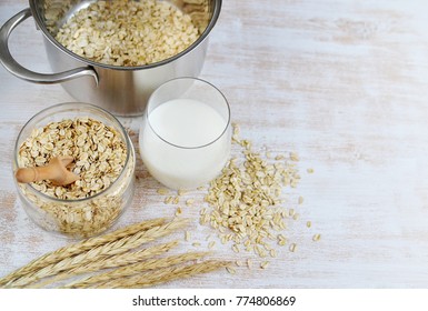 Vitamin Healthy Breakfast Oat Flakes With Milk White Background Porridge Glass Jar Useful Food