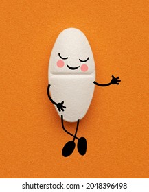 Vitamins and painkiller. No headache and pains. Art collage of white medical pill with cartoon drawnings isolated over orange background. Concept of healthcare, treatment, medicine. Copy space for ad