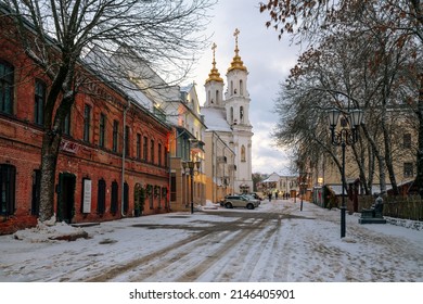 Vitebsk, Belarus, 01.06.2022: view of Tolstoy Street and the Church of the Resurrection of Christ on a winter day