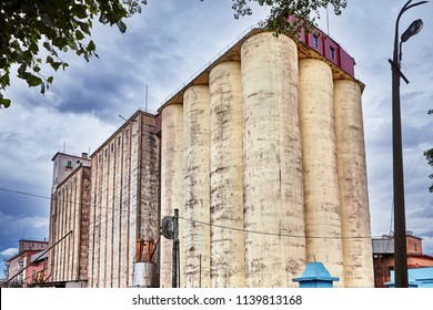 Vitebsk, Belarus - July 7, 2018: Agricultural Silo Is Used To Store Food, Feed And Other Granular Or Powdered Materials, Grain Bucket Elevator On Mechanized Bakery.