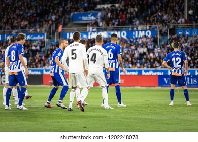 VITORIA, SPAIN - OCTOBER 06, 2018:Sergio Ramos(R) And Raphael Varane(L), Real Madrid Players In Action During The La Liga Match Between Deportivo Alaves And Real Madrid