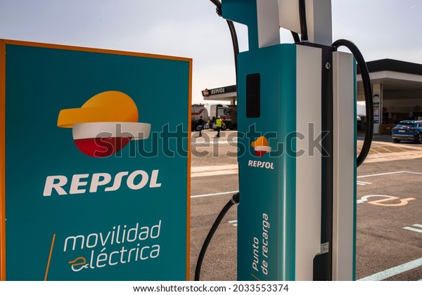 Vitoria-Gasteiz, Spain - March,01,2019:\
Repsol ultra-fast electric charging point at the Lopidana service\
station in\
Vitoria-Gasteiz.