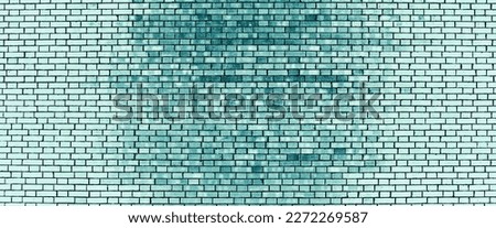 Vivid backdrop with old brick wall in azure tones. Minimal fragment of brickwall close-up. Minimalist monochrome color background with dirty wall of cyan bricks close up. Simple blue wall texture.